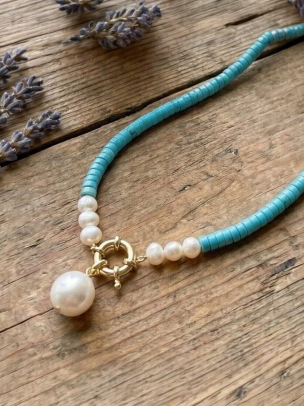 Turquoise Flat Bead and Freshwater Pearl Necklace 14K Gold Clasp Coastal 16" - Picture 12 of 12